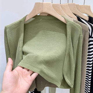 เสื้อคาร์ดิแกนแขนยาว ผ้าถัก แบบบาง ขนาดเล็ก แฟชั่นฤดูร้อน สํ…