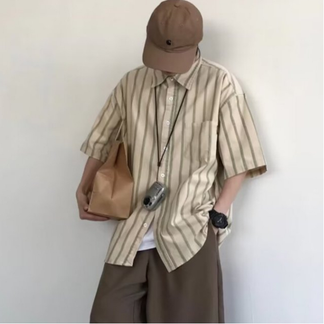 เสื้อแจ็กเก็ตแขนสั้นลําลอง ทรงหลวม ลายทาง สไตล์ญี่ปุ่น เรโทร แฟชั่นฤดูร้อน สําหรับผู้ชาย
