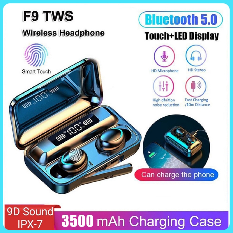จัดส่งรวดเร็วF9 TWS Bluetooth F9 หูฟัง 5.0 9D HiFI Sound หูฟังไร้สายพร้อมไมโครโฟน Touch Sport จอแสดง