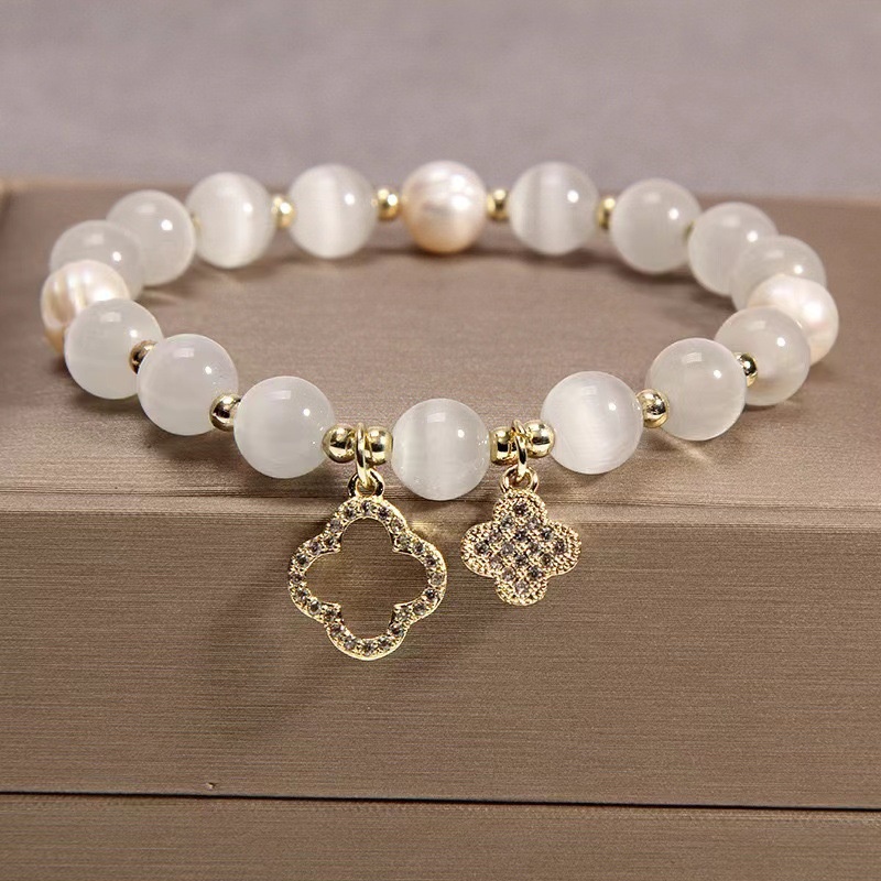 เครื่องประดับ สร้อยข้อมือ ชุบทอง 18k ประดับลูกปัดโอปอล และพลอยเทียม แฟชั่นเกาหลี สําหรับผู้หญิง