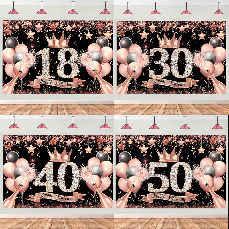 แบนเนอร์ Happy Birthday 18th 18 30 40 50th สีโรสโกลด์ สําหรับตกแต่งปาร์ตี้วันเกิด