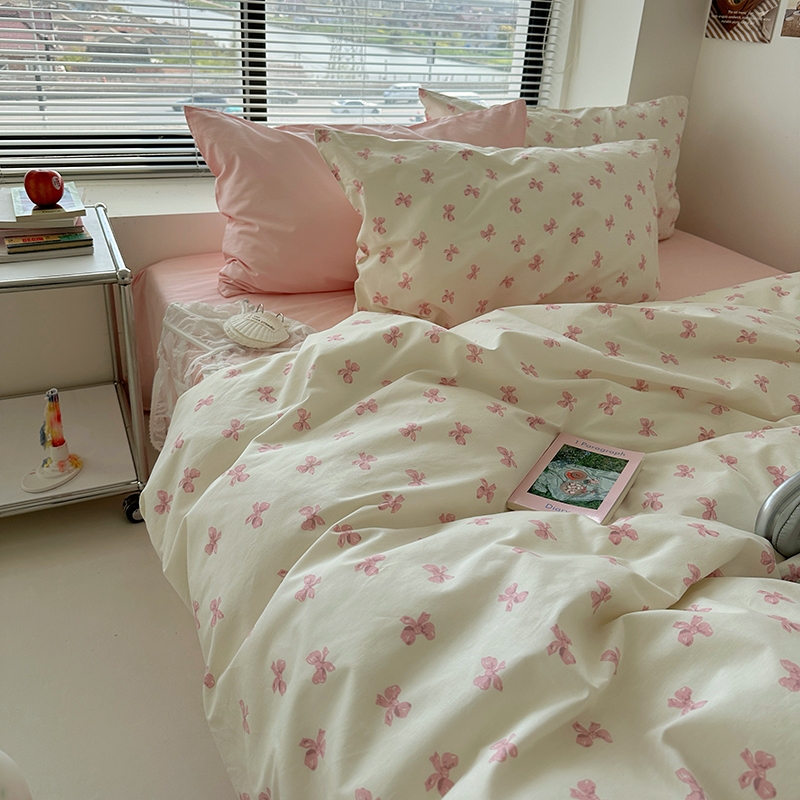 ชุดเครื่องนอน ผ้าปูที่นอน ผ้าฝ้าย 100% ประดับโบว์ สีชมพู ควีนไซซ์ คิงไซซ์
