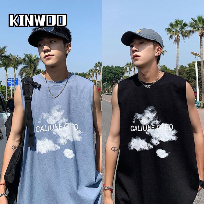 KINWOO พร้อมส่ง เสื้อยืดแขนกุดสีขาว  เสื้อยืด oversize ชาย  ใส่สบาย ระบายอากาศ  สไตล์เกาหลีไซส์ ใหญ่ ทรงหลวมวินเทจ