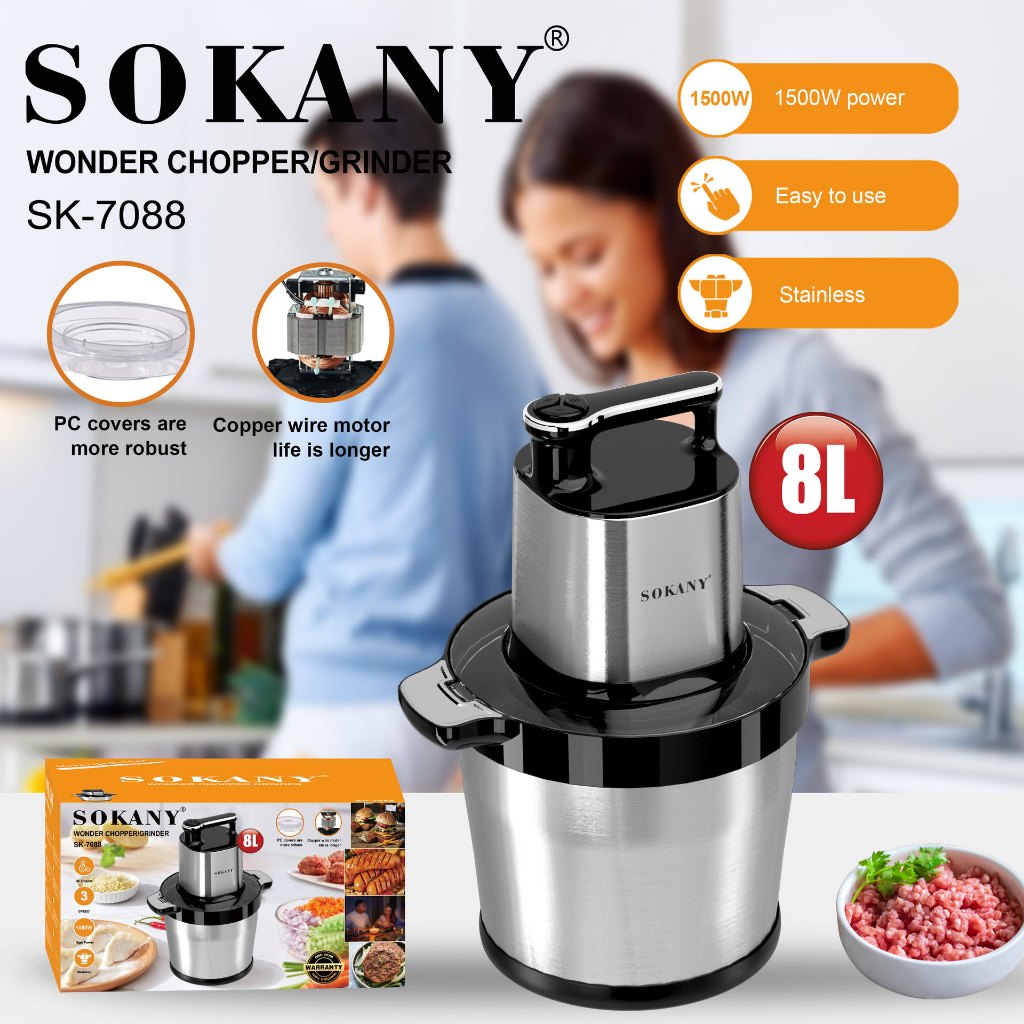 พร้อมส่ง SOKANY 1500W เครื่องบดหมู ไฟฟ้า 4 ใบมีด 8L เครื่องบด สแตนเลส 304 รับประกัน 1 ปี