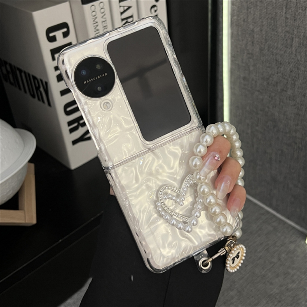 เคสโทรศัพท์มือถือแบบใส ฝาพับ กันกระแทก แต่งโบว์ ไข่มุก หัวใจ 3D เรียบง่าย พร้อมสายคล้องข้อมือ หรูหรา สไตล์เกาหลี สําหรับ OPPO Find N3 findn3 Find N2