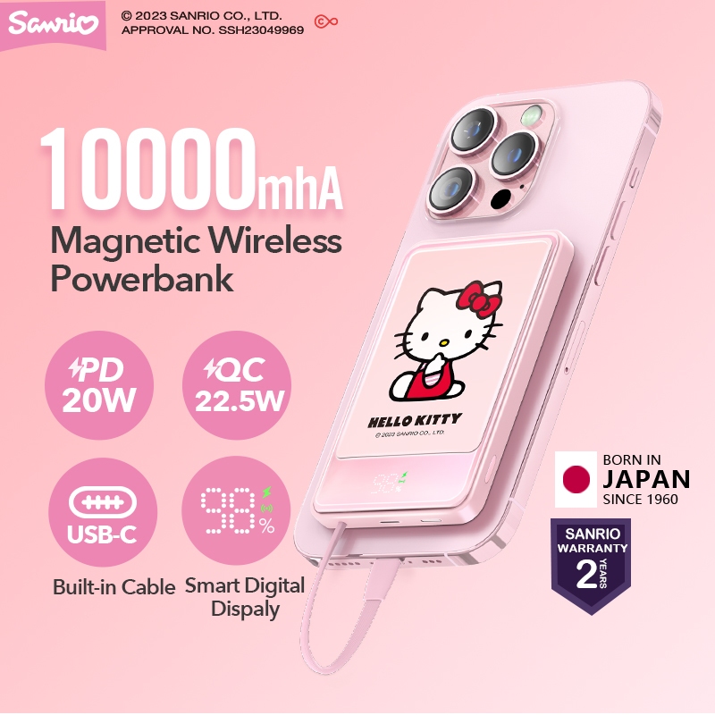 Sanrio Hello Kitty Magnetic Wireless Powerbank PD 20W 10000mAh suitable for iP 12-15/Samsung/Oppo/Vivo and typec built in cable ได้รับอนุญาตอย่างแท้จริง Pink Power bank For girlfriend