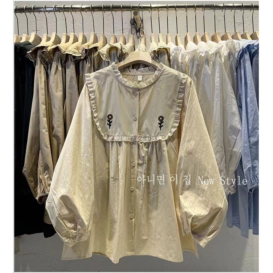 เสื้อเชิ้ตแขนยาว ทรงหลวม ปักลาย สไตล์เกาหลี สําหรับผู้หญิง พร้อมส่ง