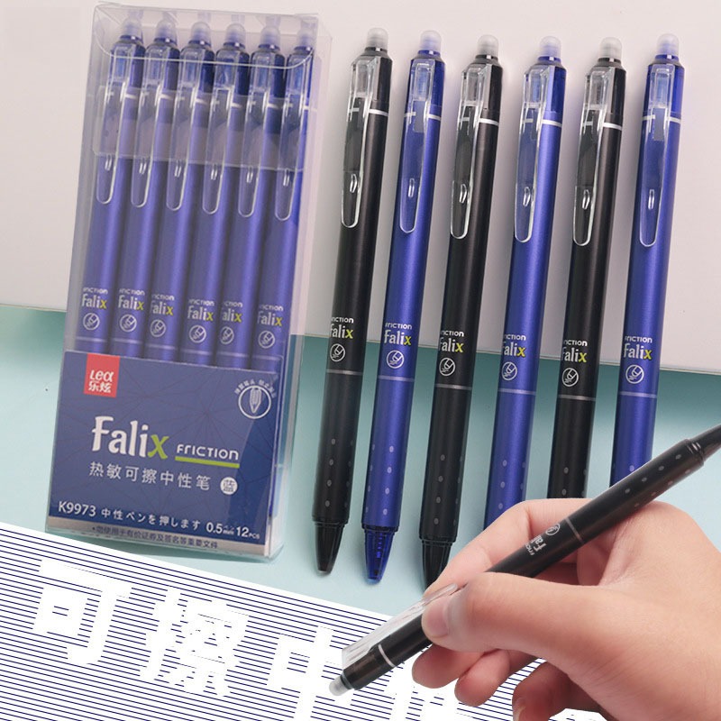 K&S🖊 ชิ้นชุดความร้อนสีฟ้าปากกาสีดํา ลบได้ กดปากกาเป็นกลาง 0.5 มม.นักเรียนง่ายแรงเสียดทานกดเครื่องเขียนอุปทาน