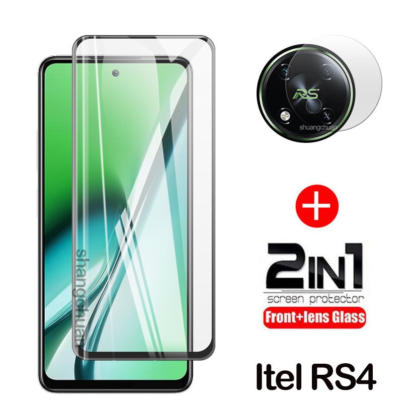 2in1 ฟิล์มกระจกนิรภัย กันรอยหน้าจอ แบบเต็มจอ และฟิล์มเลนส์กล้อง สําหรับ itel RS4