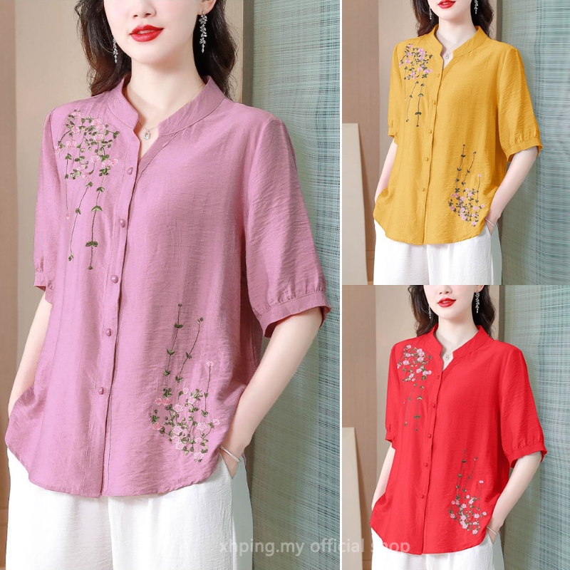 เสื้อเชิ้ตแขนสั้น ผ้าฝ้าย และผ้าลินิน ปักลาย ทรงหลวม แฟชั่นฤดูร้อน สําหรับผู้หญิง