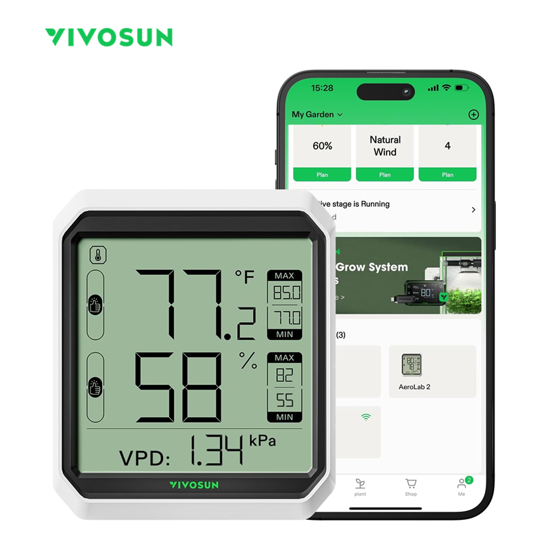VIVOSUN AeroLab THB1 เครื่องวัดอุณหภูมิความชื้นดิจิทัล บลูทูธ ไร้สาย หน้าจอมอนิเตอร์ อุณหภูมิอัจฉริยะ VPD รีโมตคอนโทรล LCD และการแจ้งเตือน การจัดเก็บข้อมูล เครื่องวัดอุณหภูมิ