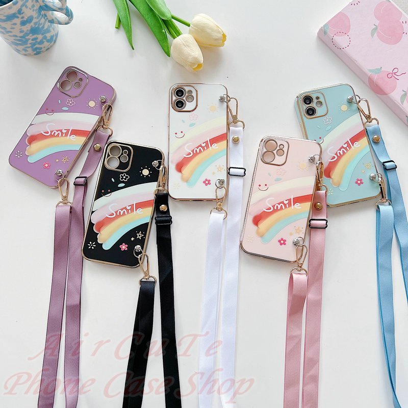 เคส VIVO V30 V29 V29e V27 V25 V23 V23e V21 V20 V19 S1 Pro IQOO Z7 Z7X 4G 5G Plating Protect Camera Smile Rainbow Soft Case With Lanyard