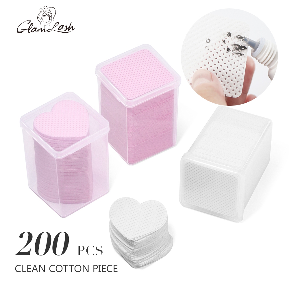 GLAMOLASH 200 ชิ้น Lint Free Wipes Non-Woven Nail Polish Remover Pads นุ่มสําหรับเล็บ Eyelash Extensions Lash กาวสีชมพูผ้าเช็ดทําความสะอาดบรรจุในกรณี