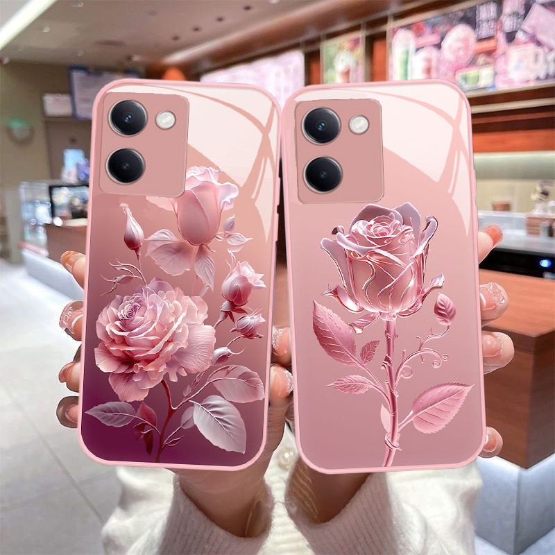 เคส Vivo Y36 Y27 5G เคส Vivo Y27S Y36 4G เคสโทรศัพท์มือถือแบบแก้ว กันกระแทก กันรอยกล้อง ลายดอกกุหลาบ สีชมพู หรูหรา สําหรับ