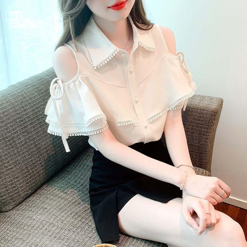 เสื้อเชิ้ต ผ้าชีฟอง เปิดไหล่ สไตล์เกาหลี สวยหรู แฟชั่นสําหรับผู้หญิง