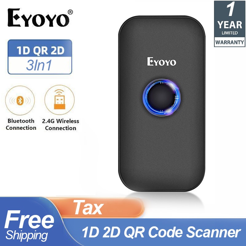 Eyoyo 2.4G เครื่องสแกนบาร์โค้ดไร้สาย 1D 2D via Bluetooth Barcode Scanner 3-in-1 ผ่านบลูทูธ และสาย USB Connected QR Scanner Barcode Reader For iPad iPhone Android  PC