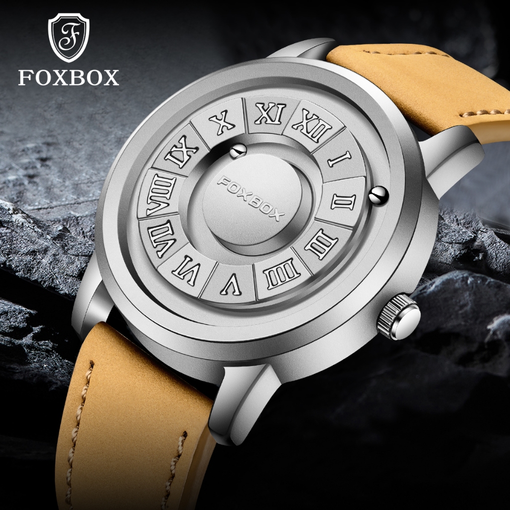 Foxbox ของแท้ นาฬิกาข้อมือควอตซ์แฟชั่น สายหนัง และสเตนเลส กันน้ํา แต่งลูกปัดแม่เหล็ก สําหรับบุรุษ