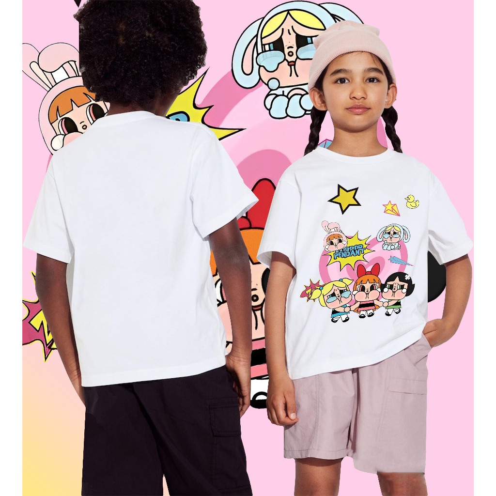 ใหม่ 4-12 ขวบ เสื้อยืด พาวเวอร์พัฟเกิร์ล เสื้อเด็กCrybaby x The Powerpuff Girlsเมะพิมพ์ผ้าฝ้ายแขนสั้(G01)