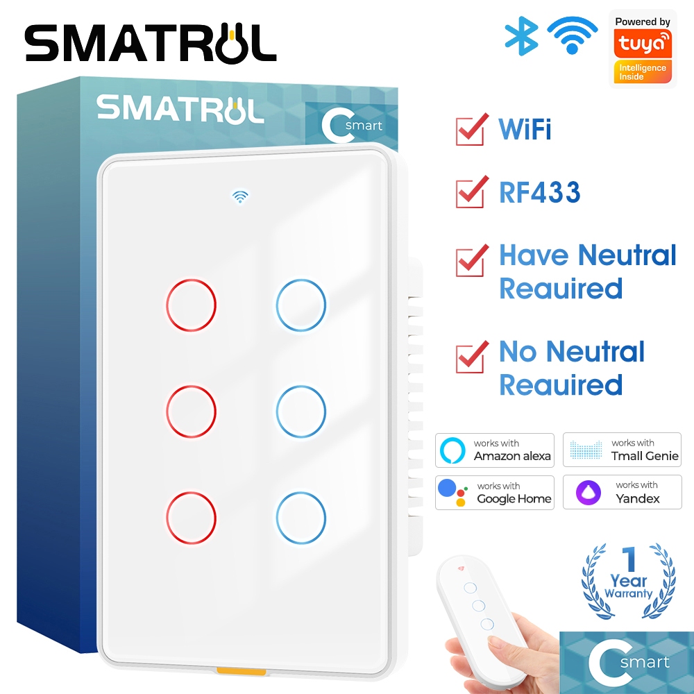 Smatrul Tuya สวิตช์ไฟอัจฉริยะไร้สาย WiFi RF433 US 110-240V ตั้งเวลาได้ 6 แอพเสีย