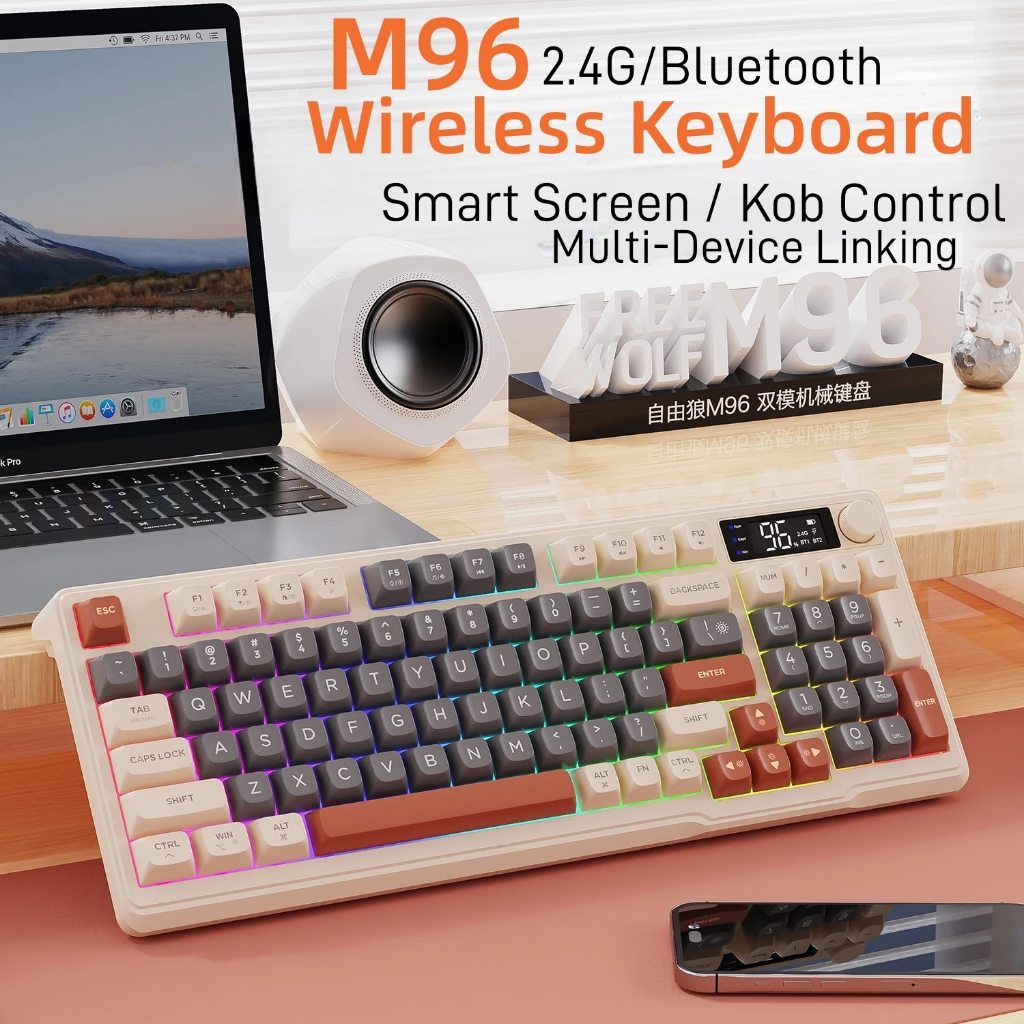 Ziyoulang M96 แบตเตอรี่จอแสดงผลดิจิตอลบลูทูธคีย์บอร์ด, การเชื่อมต่อโหมดคู่ 2.4G, ปุ่มมัลติมีเดีย, แสงสี, โน้ตบุ๊กพีซี