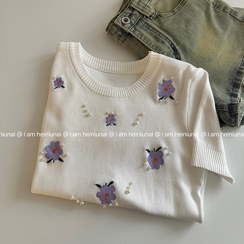 ใหม่ พร้อมส่ง เสื้อเชิ้ตถัก แขนสั้น คอรูออน ปักลาย สไตล์เกาหลี สําหรับผู้หญิง