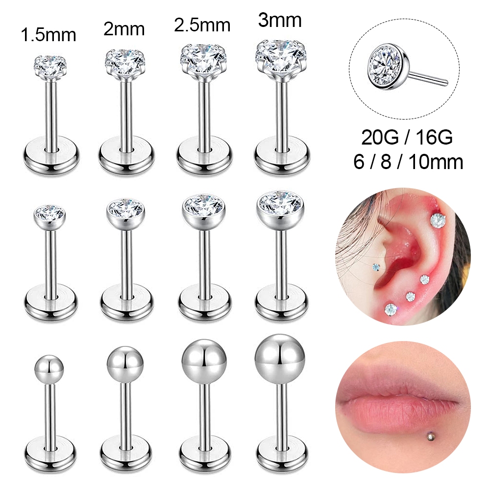 1 PC 1.5/2/2.5/3 มม.คริสตัลสแตนเลส Plug-in สไตล์ Labret Lip Piercing Ball กระดูกอ่อนสตั๊ดต่างหู Conch เจาะ
