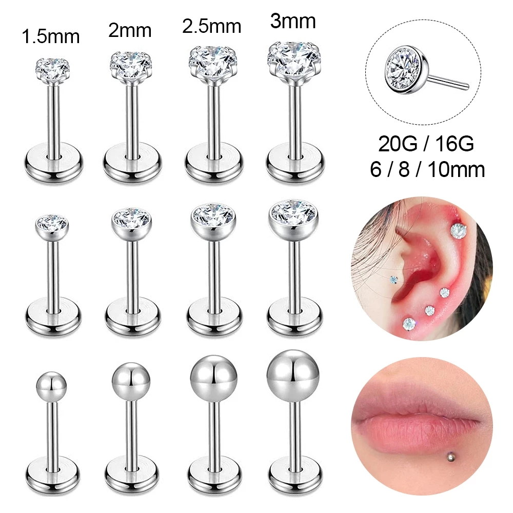1 PC 1.5/2/2.5/3 มม.คริสตัลสแตนเลส Plug-in สไตล์ Labret Lip Piercing Ball กระดูกอ่อนสตั๊ดต่างหู Conch เจาะ