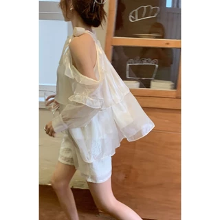 💖เสื้อเชิ้ตแขนยาว เปิดไหล่ ผ้าชีฟอง ประดับโบว์น่ารัก สไตล์เกาหลี💖เสื้อคอเต่าแขนกุด