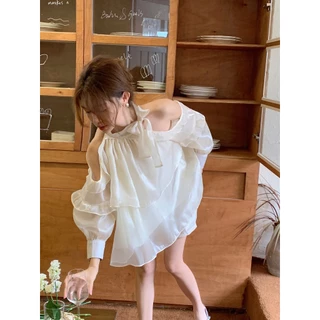 💖เสื้อเชิ้ตแขนยาว เปิดไหล่ ผ้าชีฟอง ประดับโบว์น่ารัก สไตล์เกาหลี💖เสื้อคอเต่าแขนกุด