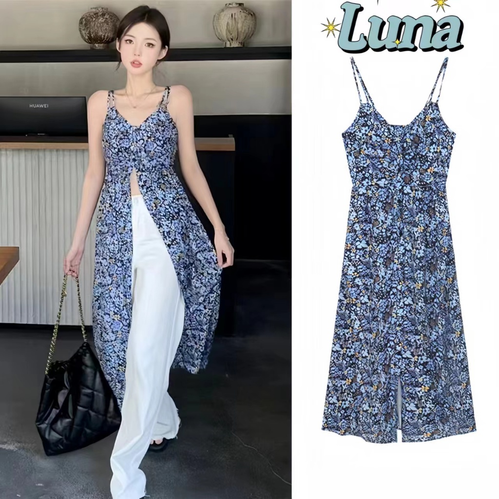 Luna shop🌼กระโปรง✨✨ชุดเดรสเอี๊ยมคอวีลายดอกไม้สไตล์ฝรั่งเศสย้อนยุคสำหรับผู้หญิง