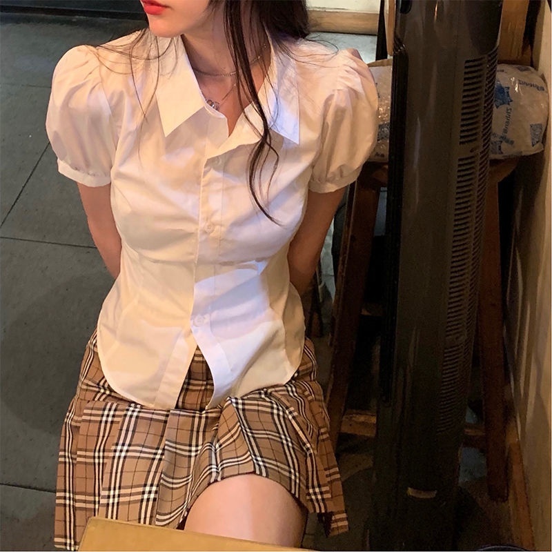 Hermarou เสื้อเชิ้ตแขนสั้น แขนพอง สีขาว แฟชั่นฤดูร้อน สําหรับผู้หญิง