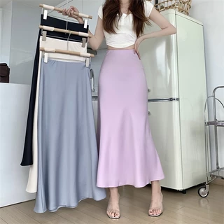 Hermarou S-6XL กระโปรงหางปลา ความยาวปานกลาง สีพื้น สไตล์เกาหลี แฟชั่นฤดูร้อน สําหรับผู้หญิง