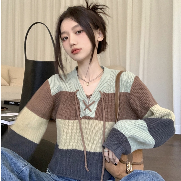 【พร้อมส่ง】ใหม่ เสื้อกันหนาวแขนยาว คอวี ผ้าถัก ลายทาง ผูกเชือก ฤดูใบไม้ร่วง ฤดูหนาว สําหรับผู้หญิง