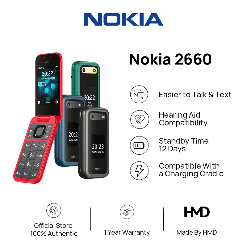 Nokia 2660 Flip / 2.8 Inches / 1.77" QQVGA / Bluetooth 4.2 / Internal Storage 128 MB / MicroSD Card Support Up To 32 GB
