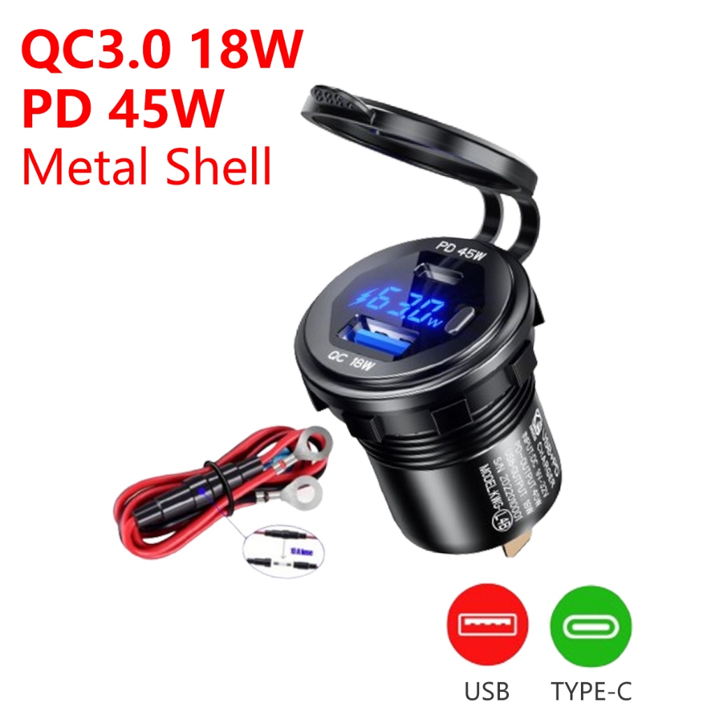 45W PD Type-C QC 3.0 USB 12V 24V Fast Car Charger Socket พร้อมสวิตช์โวลต์มิเตอร์ Power Outlet Quick 
