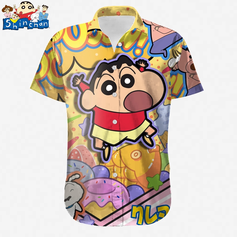 เสื้อเชิ้ตแขนสั้นลําลอง พิมพ์ลายชินจัง แฟชั่นฤดูร้อน สไตล์ฮาวาย สําหรับผู้ชาย 2024