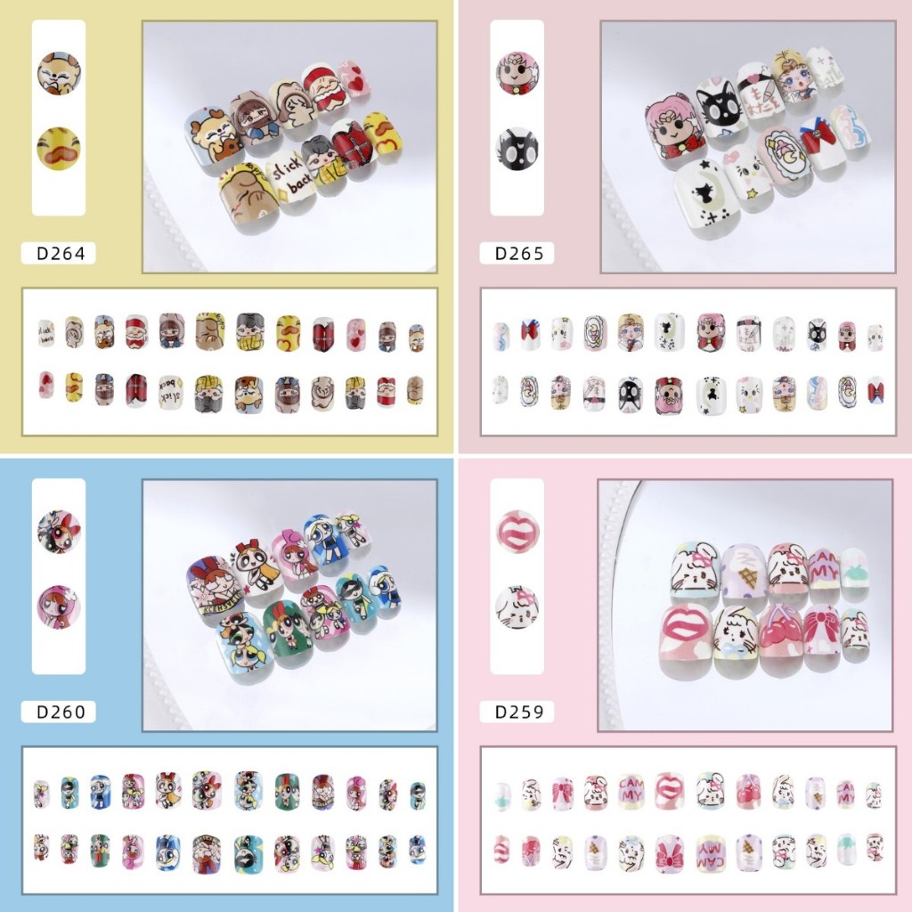 ใหม่ เล็บปลอมเจลลี่ ทรงสี่เหลี่ยม ลายการ์ตูน 24 ชิ้น พร้อมกาว สําหรับวัยรุ่น