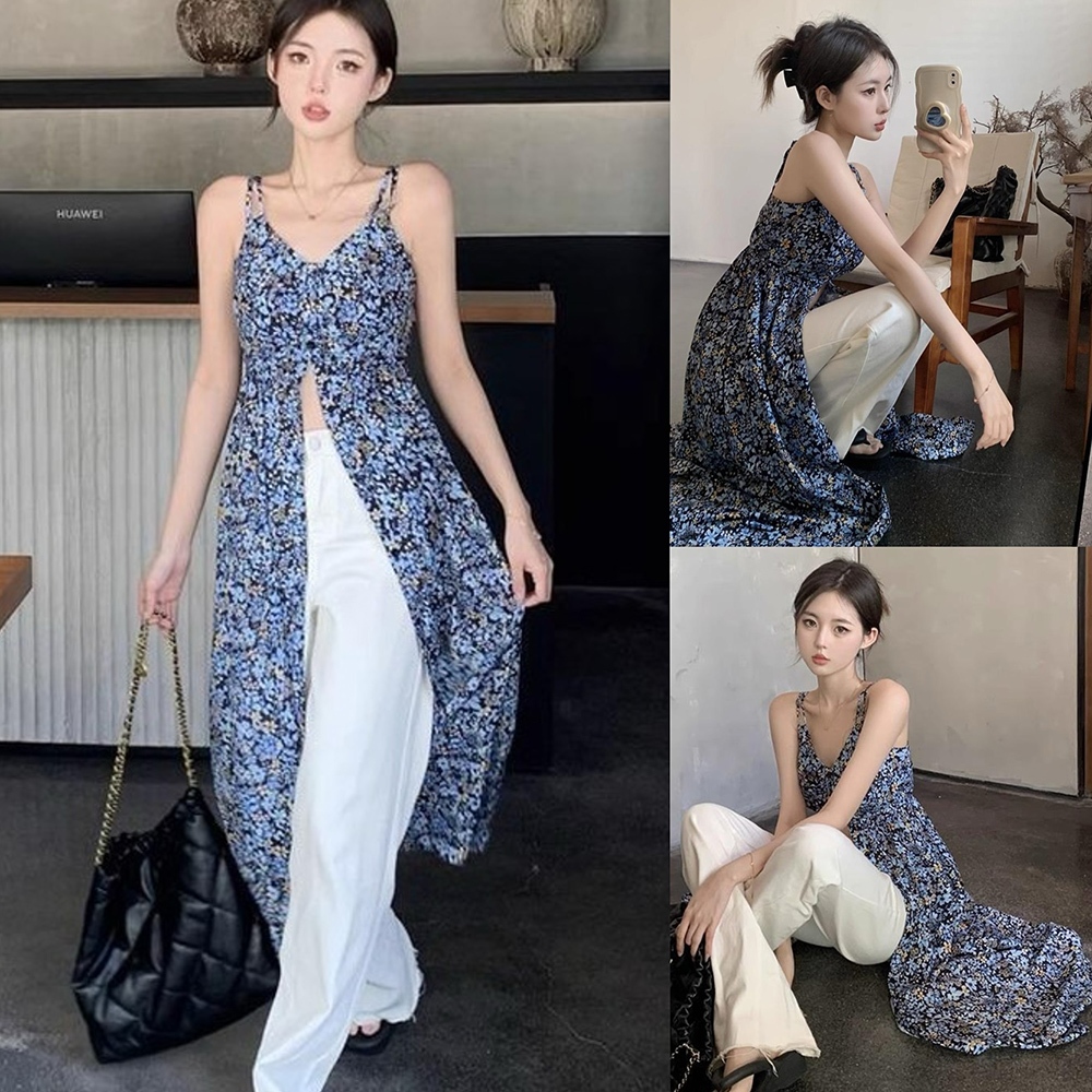 Hotgirl ชุดเดรสกระโปรงยาว คอวี ลายดอกไม้ สไตล์เรโทร แฟชั่นสําหรับสตรี