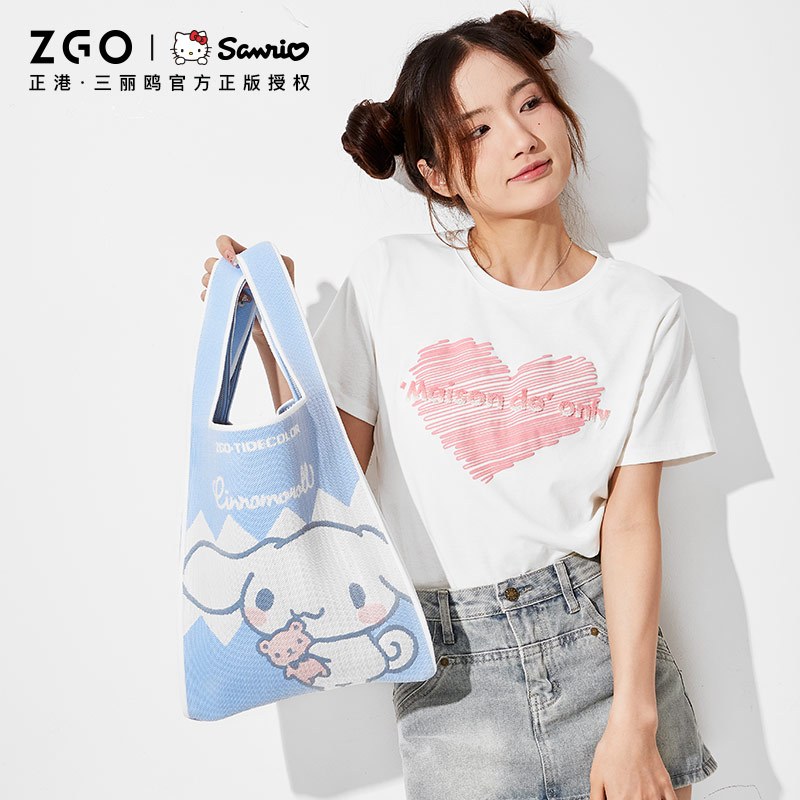 ZGO x Sanrio กระเป๋าช้อปปิ้ง ผ้าถัก ทรงโท้ท ลาย Cinnamoroll Kuromi MyMelody Pochacco 37002c