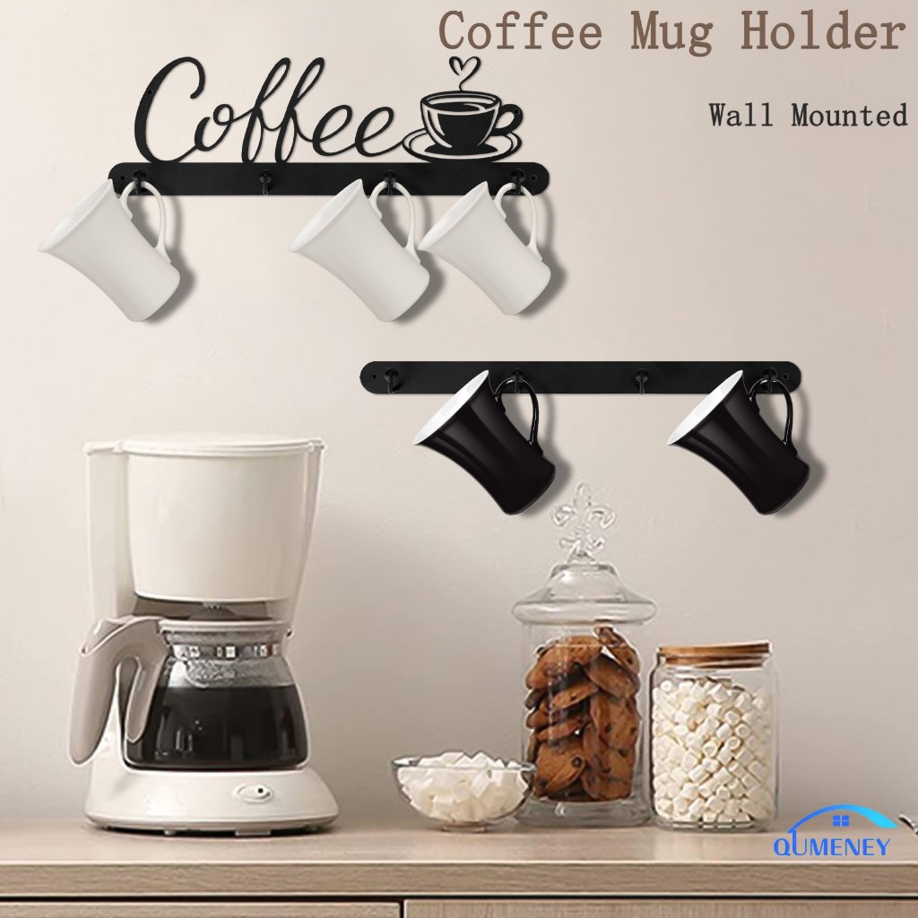 ติดผนังผู้ถือแก้วกาแฟโลหะแก้วกาแฟ Rack สําหรับผนัง 4 ตะขอตกแต่งสําหรับบาร์กาแฟห้องครัวสํานักงาน