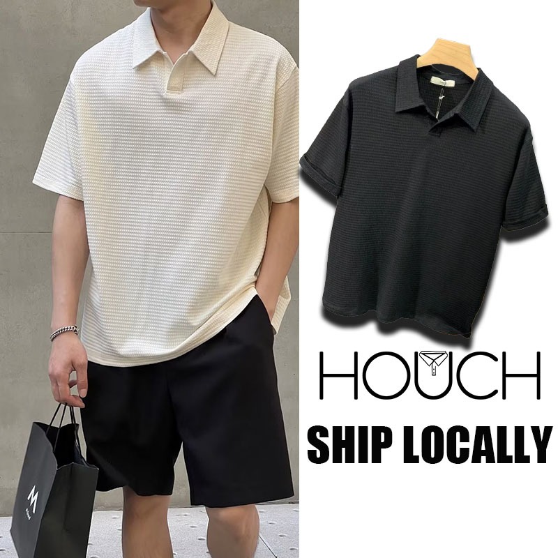 Houch พร้อมส่ง COD เสื้อโปโลแขนสั้น ผ้าเรยอน ลายวาฟเฟิล แฟชั่นสไตล์เกาหลี สําหรับผู้ชาย