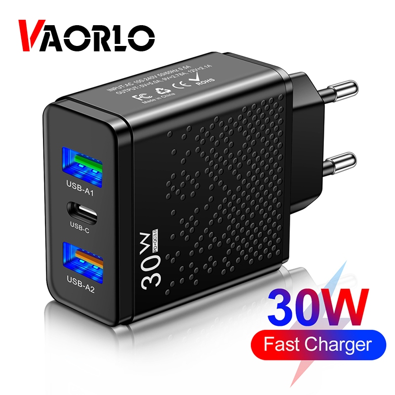 Vaorlo 30W พอร์ตชาร์จ 2 USB + 1 PD พอร์ตอะแดปเตอร์ ชิปป้องกันอัจฉริยะ QC 3.0 ชาร์จเร็ว
