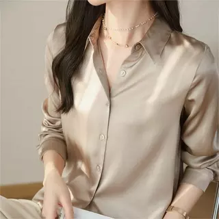 พร้อมส่ง เสื้อเบลาส์ แขนยาว ผ้าซาติน สไตล์เกาหลี สําหรับผู้หญิง