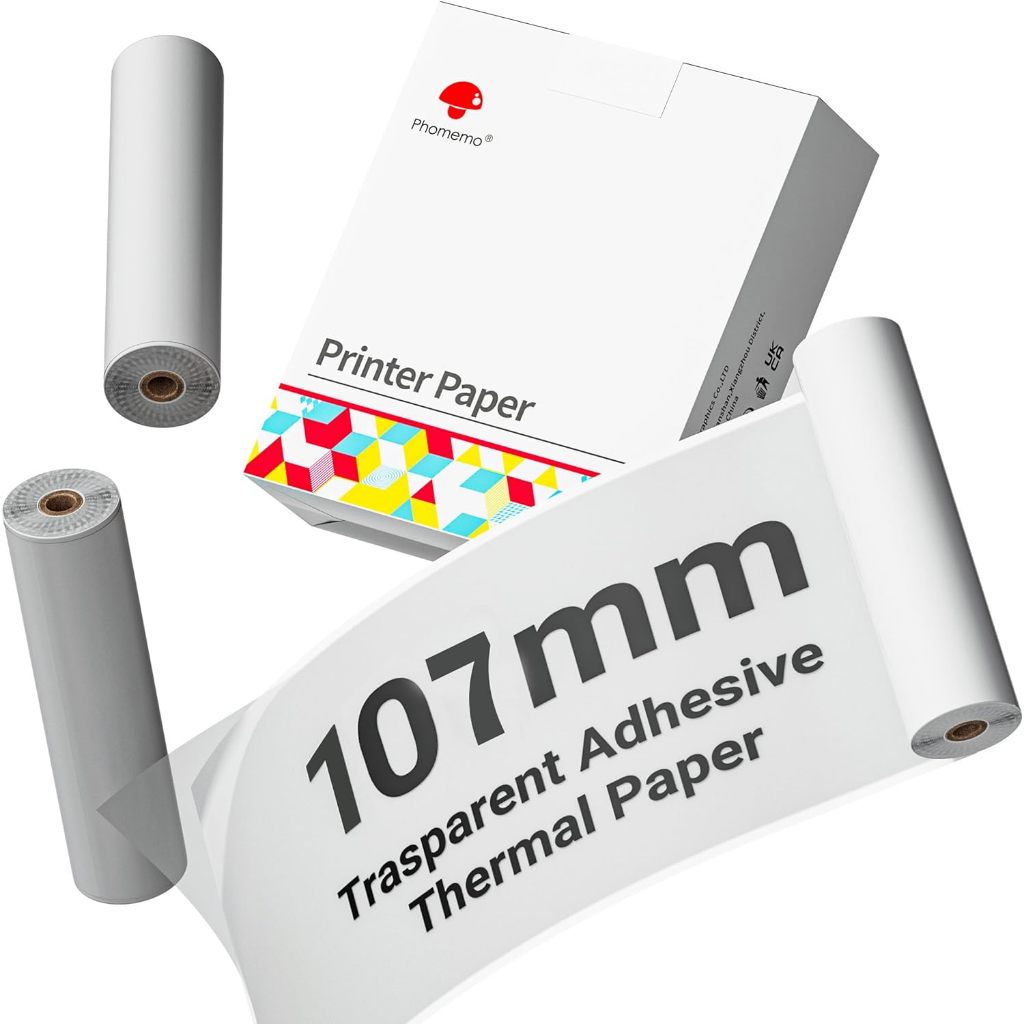 Phomemo สติกเกอร์ฉลากความร้อนใสขนาด 107mm สำหรับเครื่องพิมพ์ความร้อน M04S M04AS 241BT(3 ม้วน)