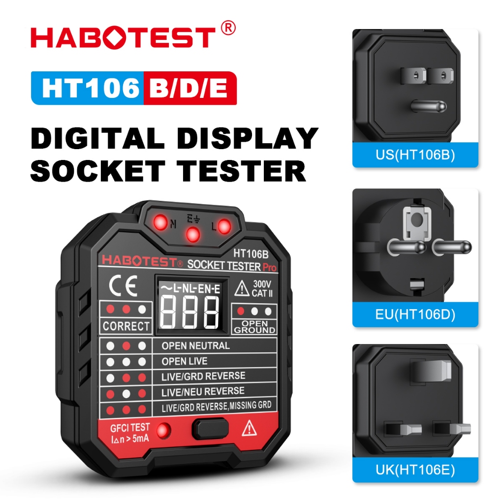 HABOTEST HT106 GFCI เครื่องทดสอบซ็อกเก็ตไฟฟ้าอัตโนมัติ ทดสอบวงจรไฟฟ้ารั่วไหล สําหรับติดผนัง เครื่องทดสอบปลั๊กไฟ กราวด์ ไลน์ นิวทรัล และโวลต์ เสียบปลั๊กไทย