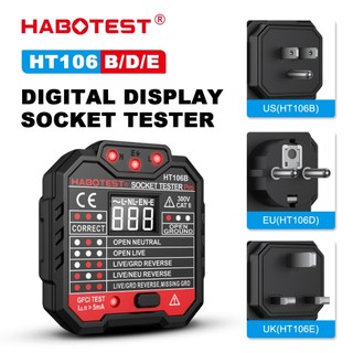 HABOTEST HT106 GFCI เครื่องทดสอบซ็อกเก็ตไฟฟ้าอัตโนมัติ ทดสอบวงจรไฟฟ้ารั่วไหล สําหรับติดผนัง เครื่องทดสอบปลั๊กไฟ กราวด์ ไลน์ นิวทรัล และโวลต์ เสียบปลั๊กไทย