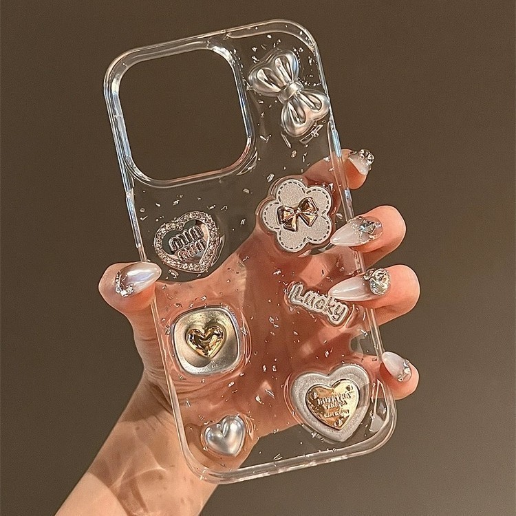 3D Y2K Star Heart Pearl Bow Silver ฟอยล์เคสโทรศัพท์สําหรับiPhone 17 Pro Max 17 Air 15 14 13 12 11 Pro Max MiNi XS Max XR X 7 8 Plusน่ารักซิลิโคนอ่อนนุ่มใส