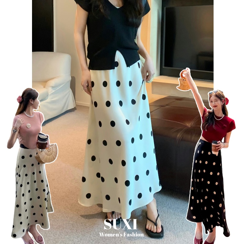 Suxi Retro Polka Dot Glossy Maxi กระโปรงผู หญิงกระโปรงทรงเอความยาวกลาง 240406