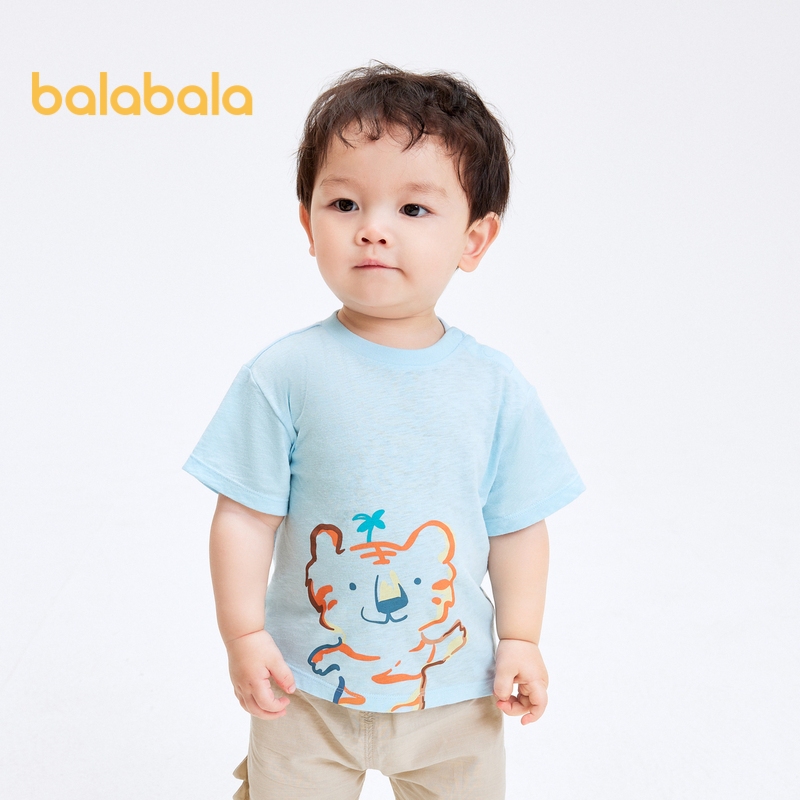 Balabala Baby Base Shirt Baby T-Shirts Boys Short Sleeve Ladies Top 2024 ฤดูร้อนใหม่เสือน้อยน่ารัก