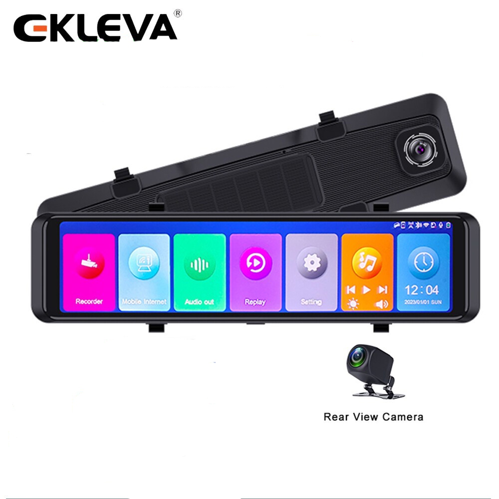 Ekleva กล้องบันทึกวิดีโอ WIFI GPS DVR 4K 12 นิ้ว สีดํา สําหรับติดกระจกมองหลังรถยนต์